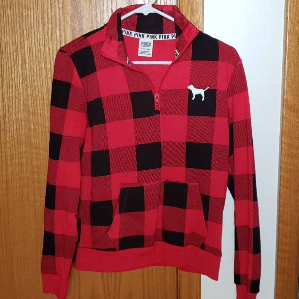 PINK VS Red Buffalo Plaid Small Quarter Zip